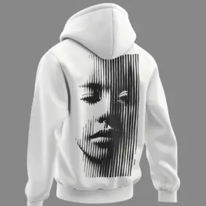 Back view of white hoodie featuring black vertical-line face illusion graphic, unisex fit with ribbed cuffs.