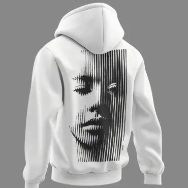 Back view of white hoodie featuring black vertical-line face illusion graphic, unisex fit with ribbed cuffs.