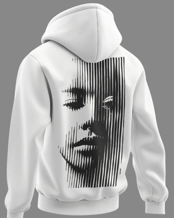 Back view of white hoodie featuring black vertical-line face illusion graphic, unisex fit with ribbed cuffs.