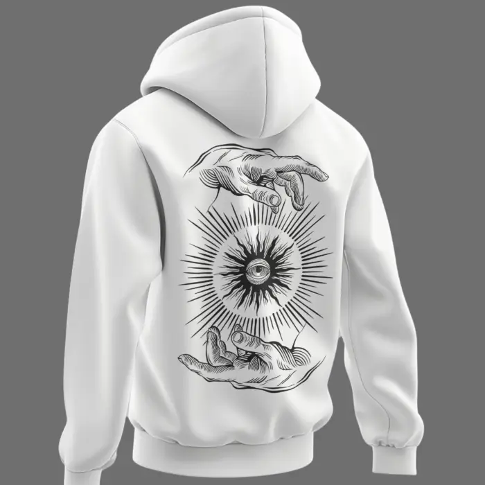 Back view of white hoodie featuring an eye within radiant lines and two hands illustration.