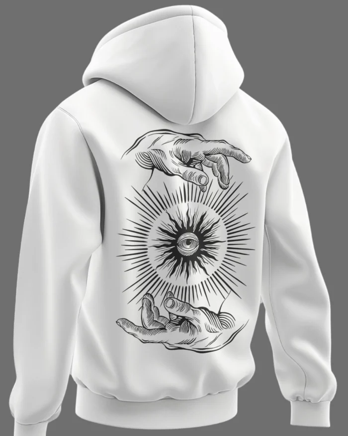 Back view of white hoodie featuring an eye within radiant lines and two hands illustration.