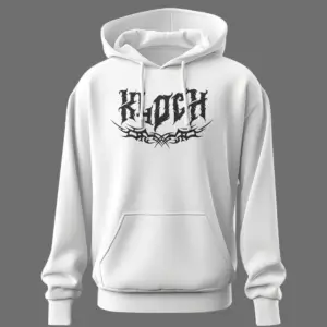 Front view of white hoodie with KLOCH gothic logo and tribal graphic.