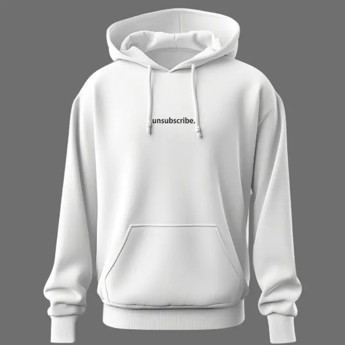 White hoodie with minimalist black “unsubscribe.” text at the center – clean and modern streetwear from KLOCH.