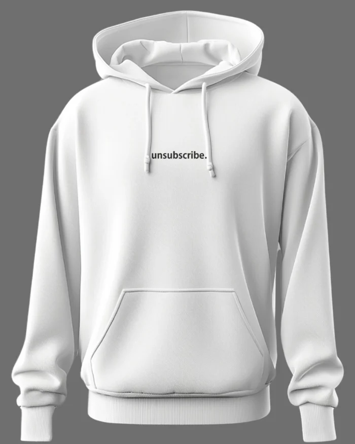 White hoodie with minimalist black “unsubscribe.” text at the center – clean and modern streetwear from KLOCH.