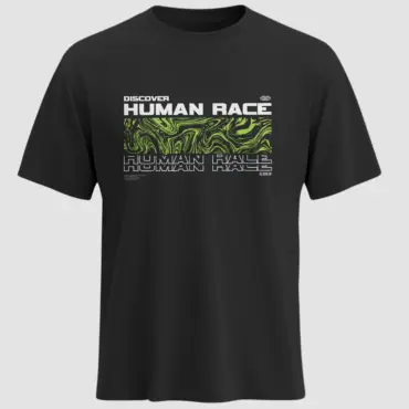 Black t-shirt with neon green marble swirl and bold “Discover Human Race” graphic print – futuristic streetwear tee from KLOCH.