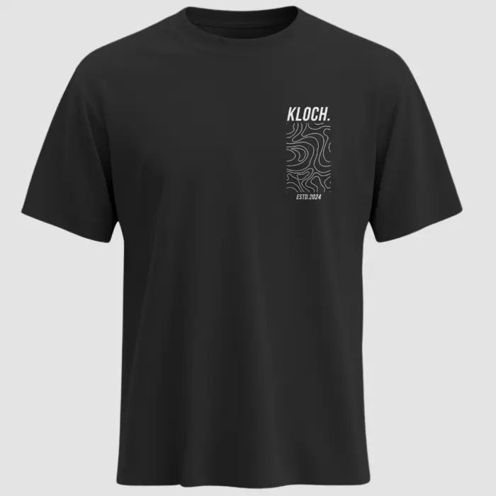 Black t-shirt with KLOCH. ESTD.2024 pocket-style print featuring white contour lines – minimal streetwear design by KLOCH.