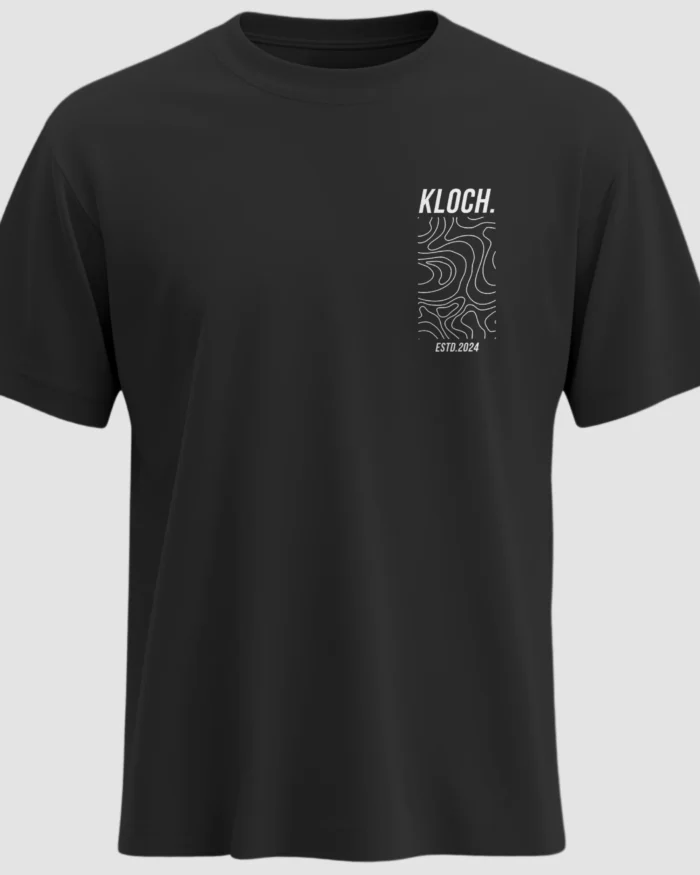 Black t-shirt with KLOCH. ESTD.2024 pocket-style print featuring white contour lines – minimal streetwear design by KLOCH.