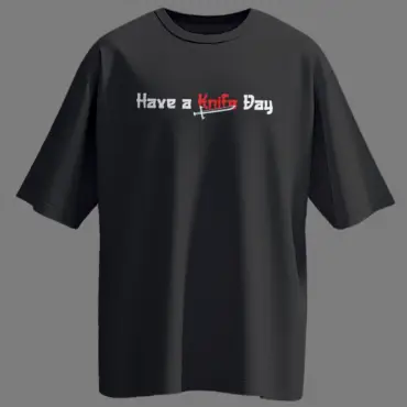Black oversized unisex t-shirt with white and red “Have a Knife Day” print featuring a knife graphic – Kloch streetwear