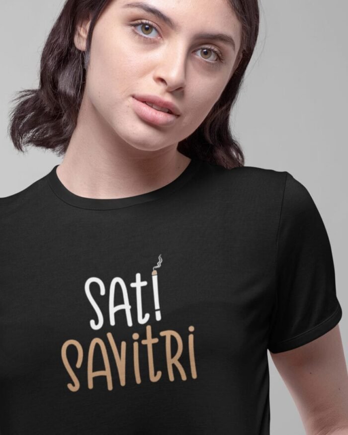 Woman wearing black “Sati Savitri” crop top with sarcastic smoking-text design – Kloch satirical Indian streetwear