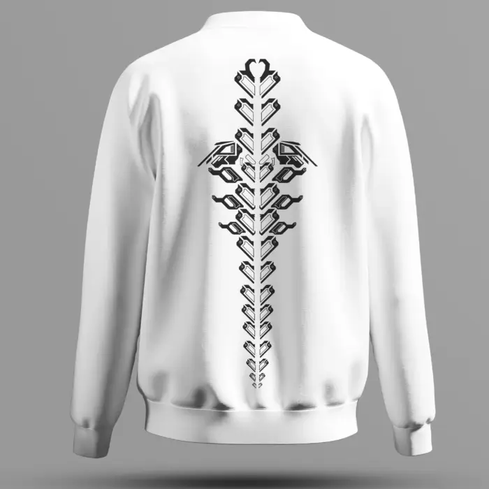 Back View of White Sweatshirt with Futuristic Spine Graphic – Techwear Inspired Design