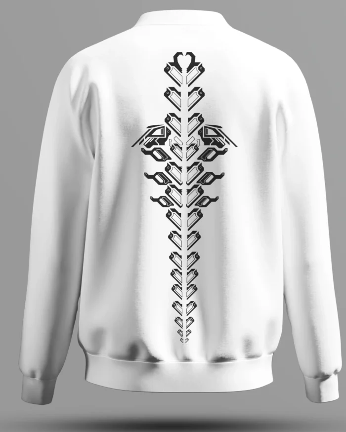 Back View of White Sweatshirt with Futuristic Spine Graphic – Techwear Inspired Design