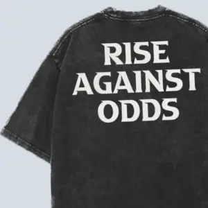Oversized Acid-Washed Black T-shirt with “Rise Against Odds” Back Print – Kloch Unisex Streetwear Tee