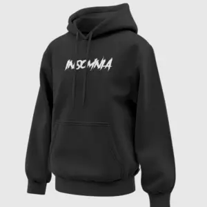 Front view of black hoodie with white “INSOMNIA” text in distressed font.