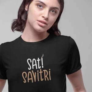 Woman wearing black “Sati Savitri” crop top with sarcastic smoking-text design – Kloch satirical Indian streetwear