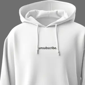 White hoodie with minimalist black “unsubscribe.” text at the center – clean and modern streetwear from KLOCH.