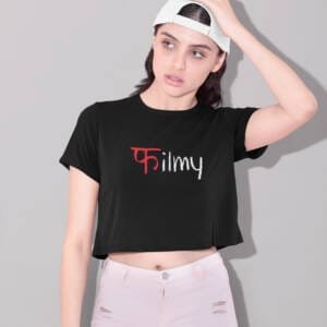 Woman wearing black “Filmy” crop top with Hindi-English print – cotton Bollywood-style tee by Kloch