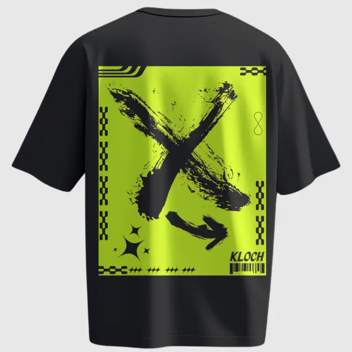 Oversized black T-shirt featuring large volt green block with graffiti-style “X” and cyberpunk elements – back view