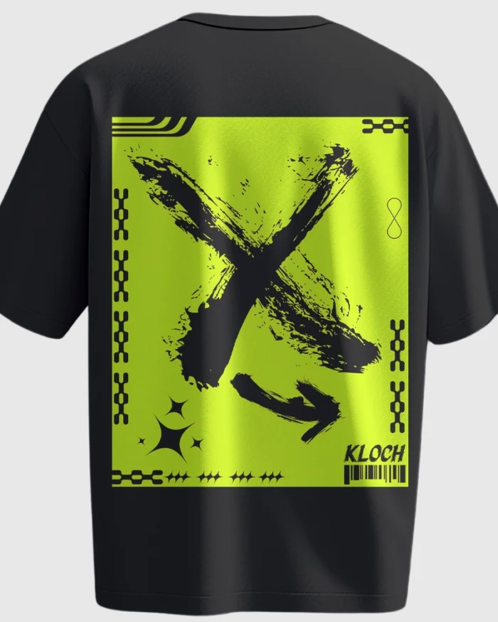 Oversized black T-shirt featuring large volt green block with graffiti-style “X” and cyberpunk elements – back view