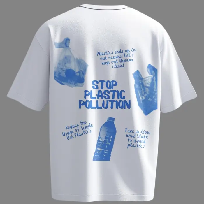 Back view of Stop Plastic Pollution graphic T-shirt with blue prints of plastic bags and bottle.