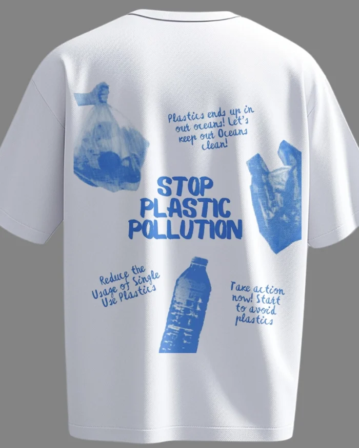 Back view of Stop Plastic Pollution graphic T-shirt with blue prints of plastic bags and bottle.