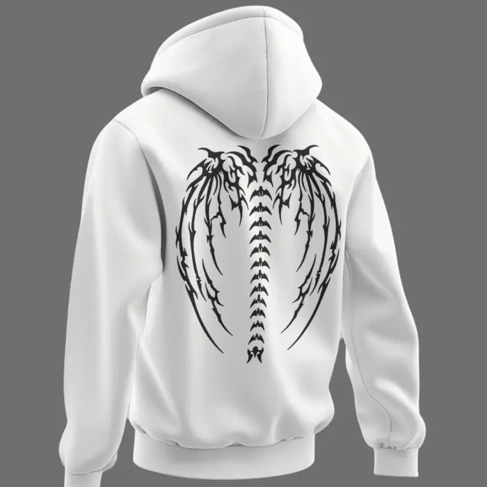 Back view of white hoodie with tribal vulture wings and spine design – KLOCH streetwear.
