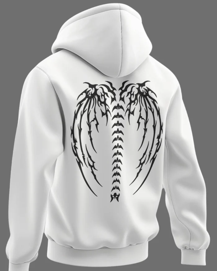 Back view of white hoodie with tribal vulture wings and spine design – KLOCH streetwear.