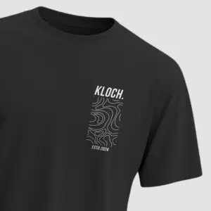 Black t-shirt with KLOCH. ESTD.2024 pocket-style print featuring white contour lines – minimal streetwear design by KLOCH.