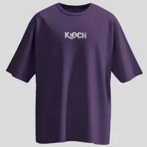 Back view of a purple oversized t-shirt with a colorful camping scene and “Mountain is Calling” typography. Front shows small “Kloch” logo in white.