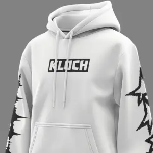 Front view of white KLOCH Artist Edition Hoodie with bold black arm graphics and logo.