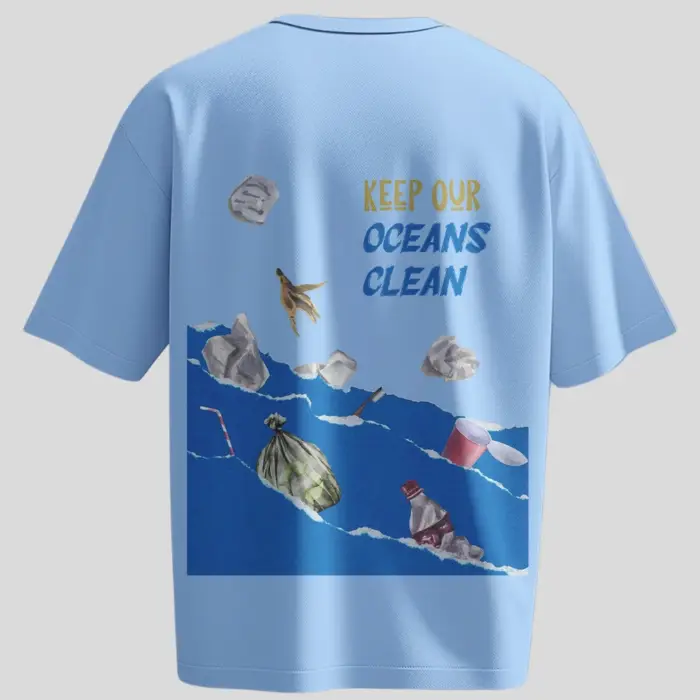 Front and back view of blue oversized unisex t-shirt by Kloch with "Save Our Seas" and "Keep Our Oceans Clean" graphics