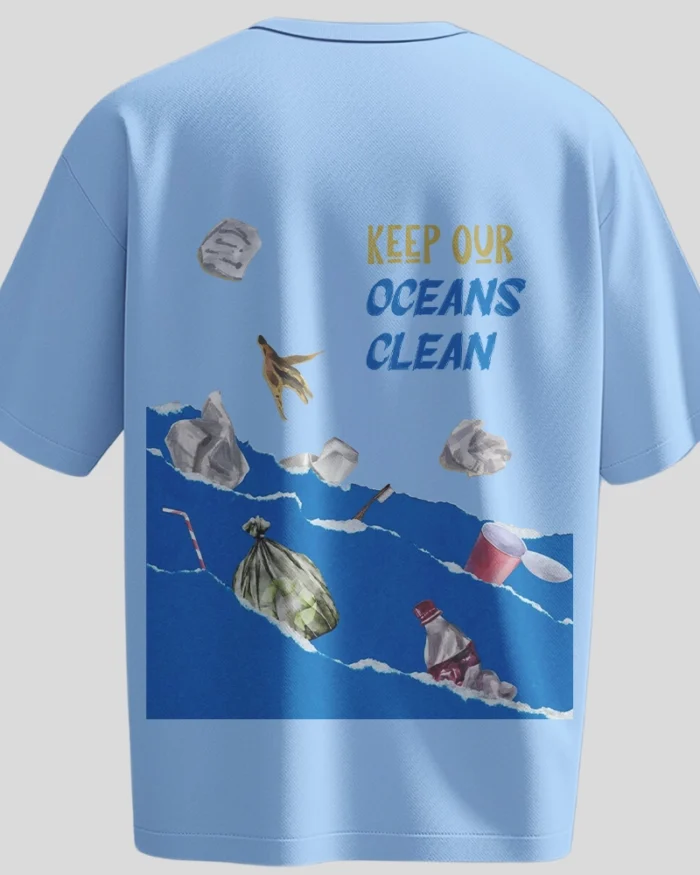 Front and back view of blue oversized unisex t-shirt by Kloch with "Save Our Seas" and "Keep Our Oceans Clean" graphics