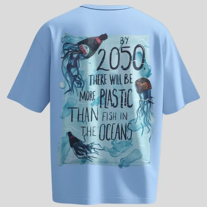 Blue t-shirt with ocean pollution awareness print stating "By 2050, there will be more plastic than fish in the oceans"