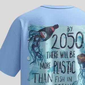 Blue t-shirt with ocean pollution awareness print stating "By 2050, there will be more plastic than fish in the oceans"