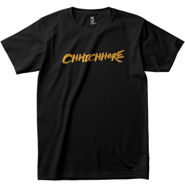 Black Kloch t-shirt with bold yellow brush-style “Chhichhore” typography on the front