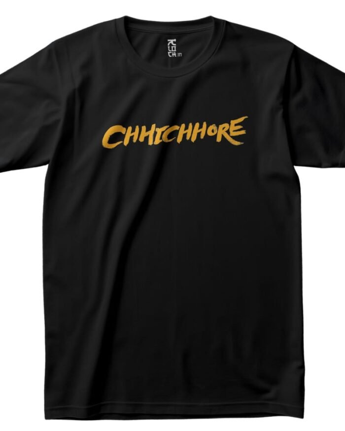 Black Kloch t-shirt with bold yellow brush-style “Chhichhore” typography on the front