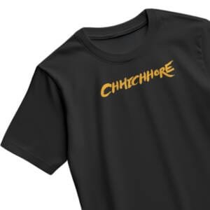 Black Kloch t-shirt with bold yellow brush-style “Chhichhore” typography on the front