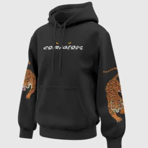 Black "COURAGEOUS" hoodie with tiger graphics on sleeves and fierce eye design – Unisex 100% cotton streetwear.