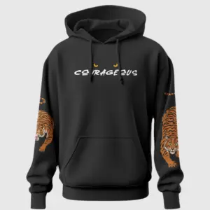 Black "COURAGEOUS" hoodie with tiger graphics on sleeves and fierce eye design – Unisex 100% cotton streetwear.
