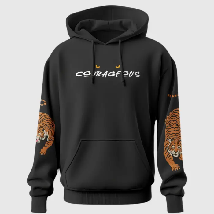 Black "COURAGEOUS" hoodie with tiger graphics on sleeves and fierce eye design – Unisex 100% cotton streetwear.