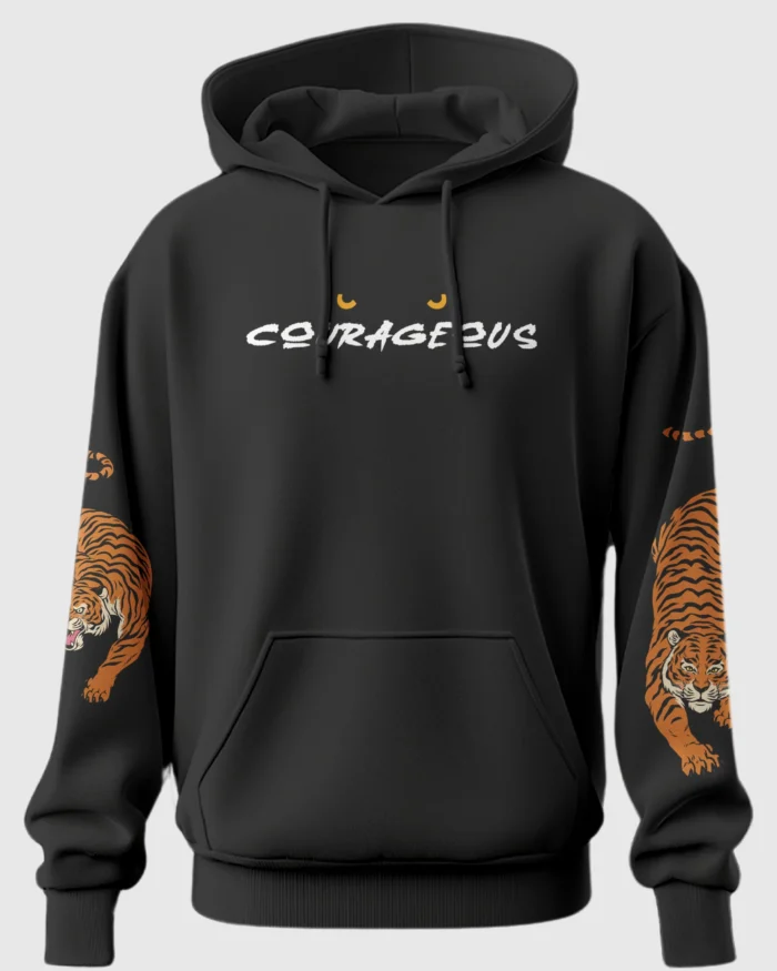 Black "COURAGEOUS" hoodie with tiger graphics on sleeves and fierce eye design – Unisex 100% cotton streetwear.