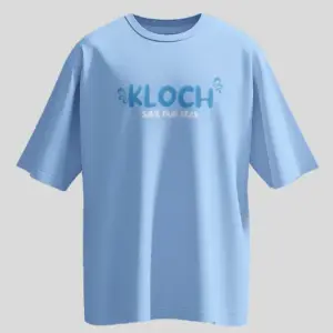 Front and back view of blue oversized unisex t-shirt by Kloch with "Save Our Seas" and "Keep Our Oceans Clean" graphics
