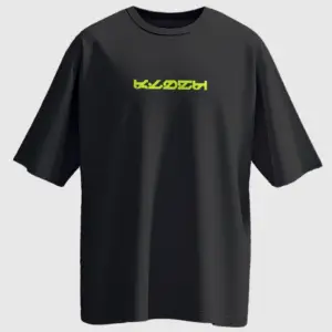 Black oversized T-shirt with neon green futuristic KLOCH logo – front view