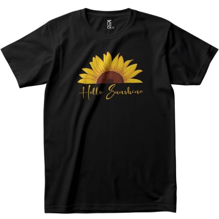 Black t-shirt featuring a sunflower illustration and the text "Hello Sunshine" in yellow cursive