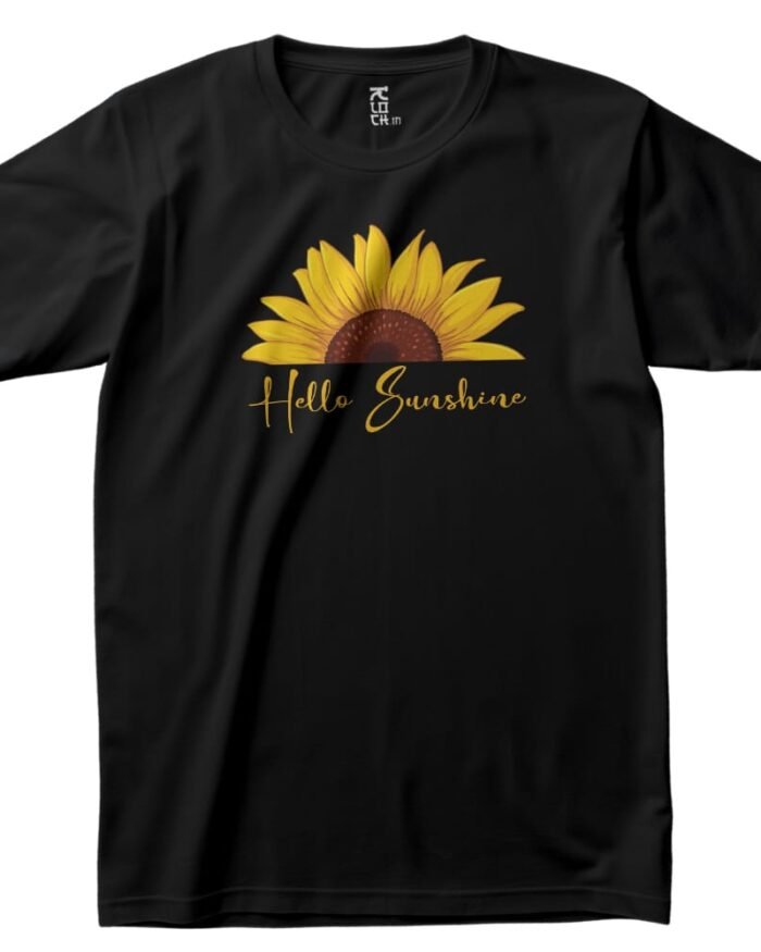 Black t-shirt featuring a sunflower illustration and the text "Hello Sunshine" in yellow cursive