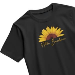 Black t-shirt featuring a sunflower illustration and the text "Hello Sunshine" in yellow cursive