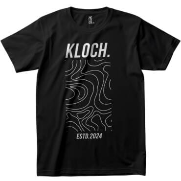 Black regular fit t-shirt with “KLOCH.” text, abstract topographic white line art, and “ESTD. 2024” printed vertically.