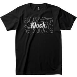 Black Kloch t-shirt with abstract white line art and bold logo on front