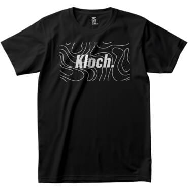 Black Kloch t-shirt with abstract white line art and bold logo on front