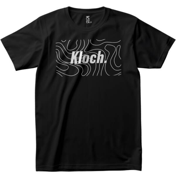 Black Kloch t-shirt with abstract white line art and bold logo on front