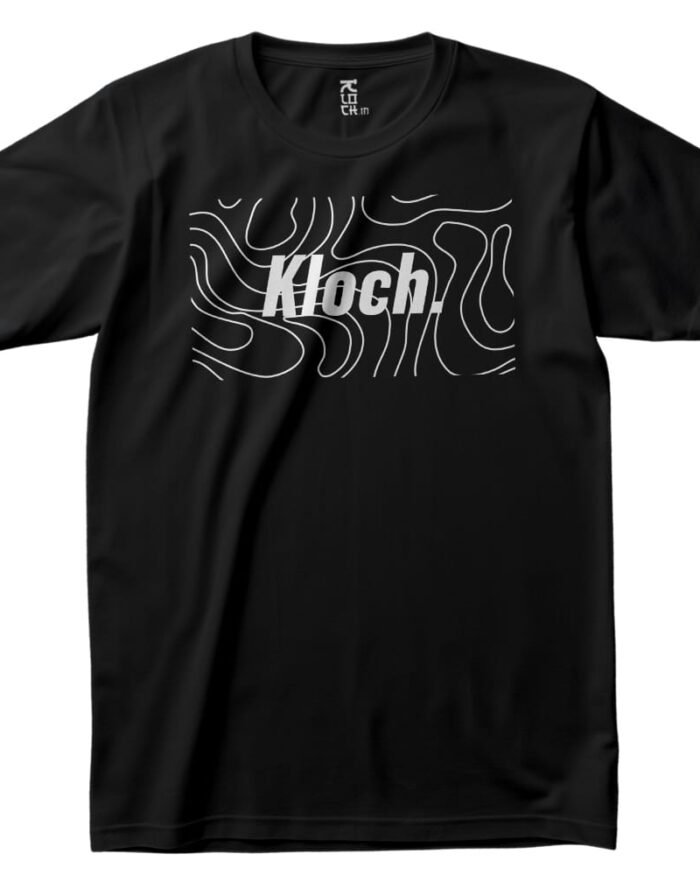 Black Kloch t-shirt with abstract white line art and bold logo on front